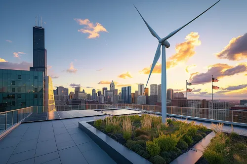 Éolienne urbaine sur un toit.