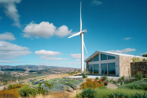 Éolienne domestique en fonctionnement  :  schéma explicatif.