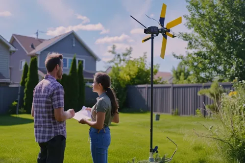 Installation éolienne domestique nécessitant une planification rigoureuse et le respect des normes en vigueur.