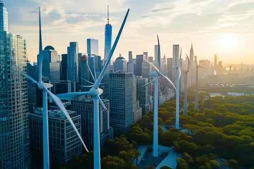 Éolienne intégrée au paysage urbain.